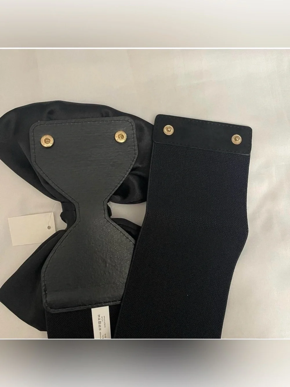 Black wide elastic waistband belt with black satin bow
